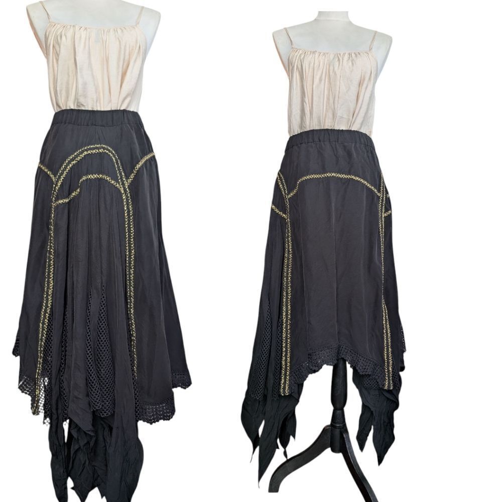 Ixiah Black and Gold Asymmetrical Handkerchief Hem Twirly Midi Skirt Size M